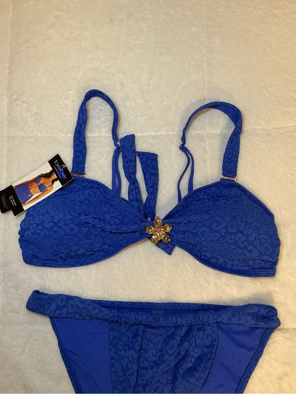 bebe Cobalt Blue Bikini Set with Gold Flower Accents - Picture 5 of 11